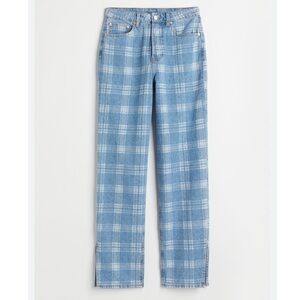 H&M Blue Plaid Split Hem Straight Leg Jeans
